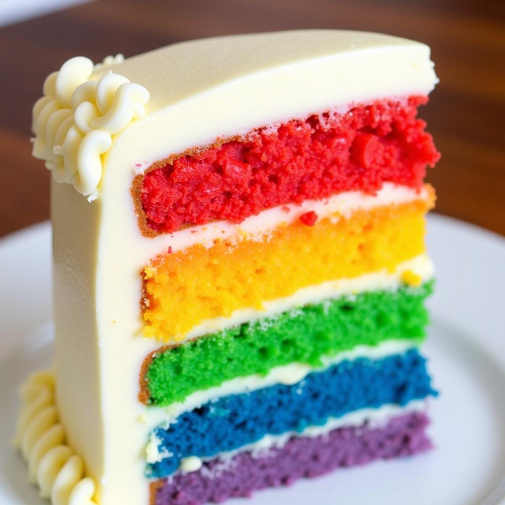 Close up of a rainbow cake slice showcasing the vibrant layers and creamy frosting