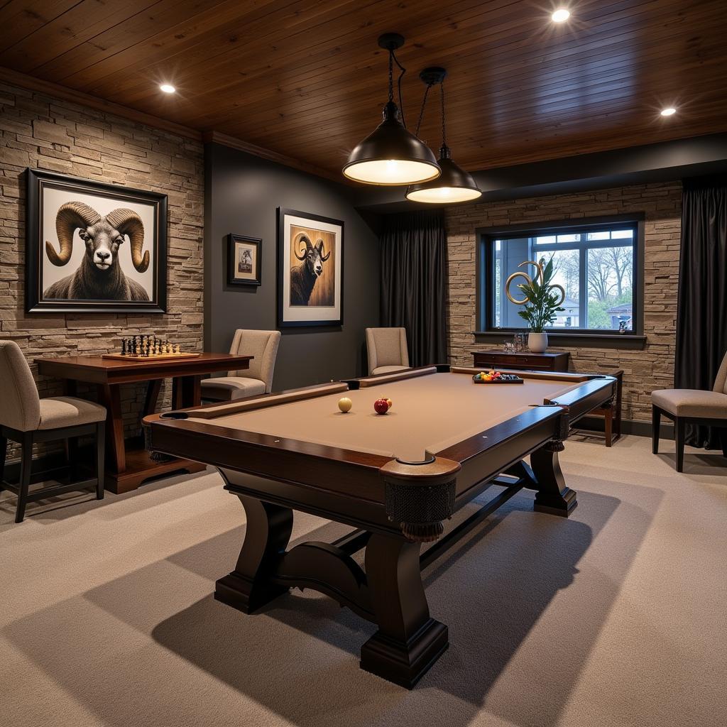 Ram-themed game room design with pool table, chessboard, and comfortable seating.