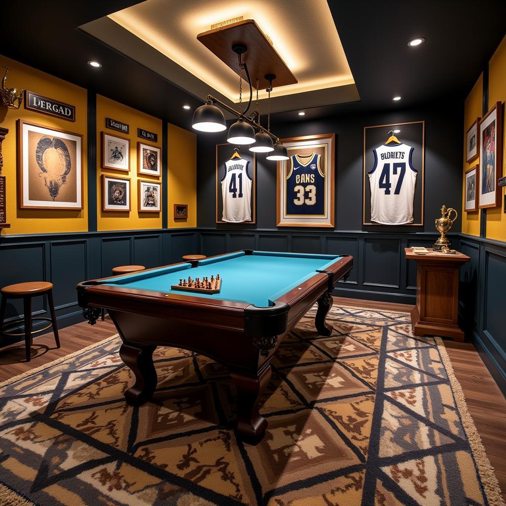 Detailed view of the ram-themed game room, showcasing personalized decor and gaming equipment.