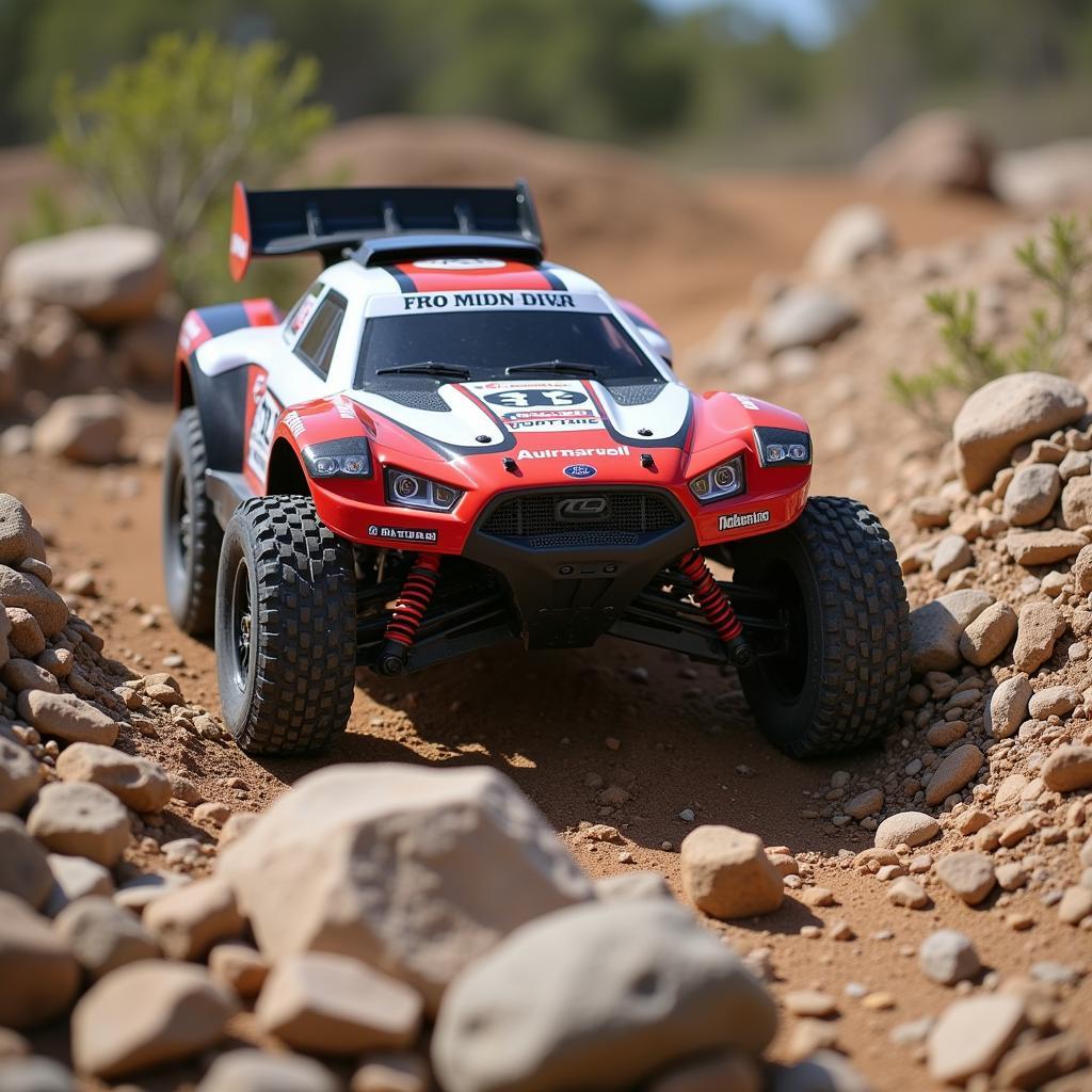 RC Rally Car Navigating Rocky Terrain