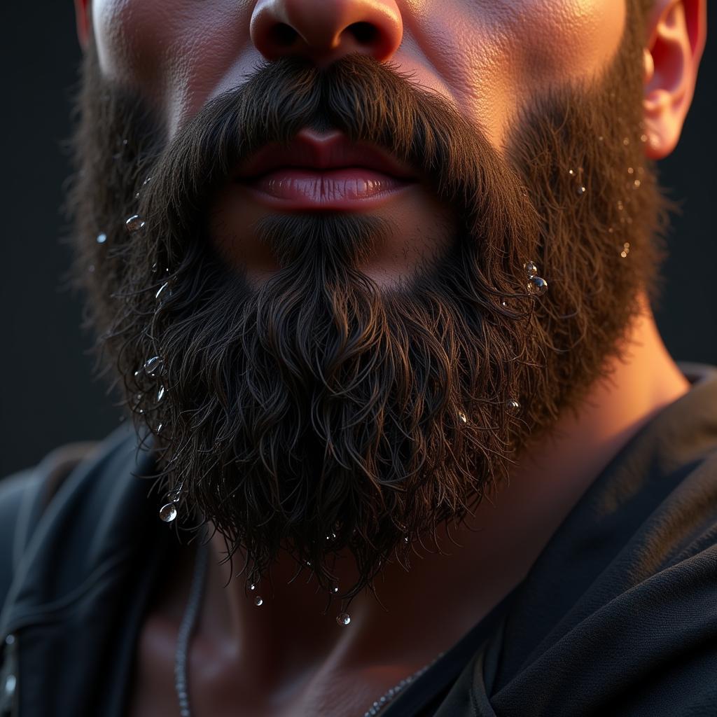 Close-up of a video game character's beard, showcasing realistic rendering techniques.