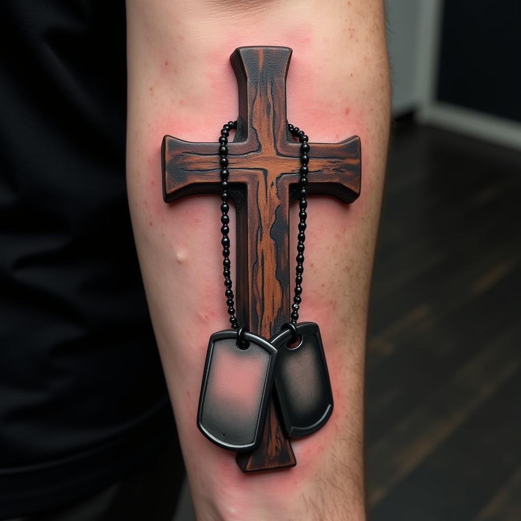 Realistic Cross and Dog Tag Tattoo on a Man's Arm