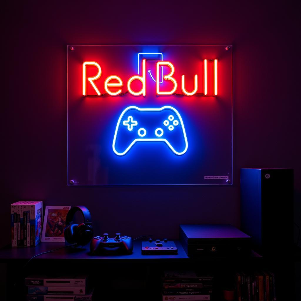 Red Bull neon sign illuminating a game room