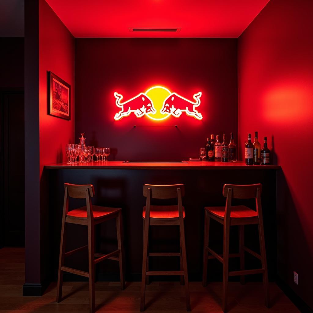 Red Bull neon sign illuminating a home bar area