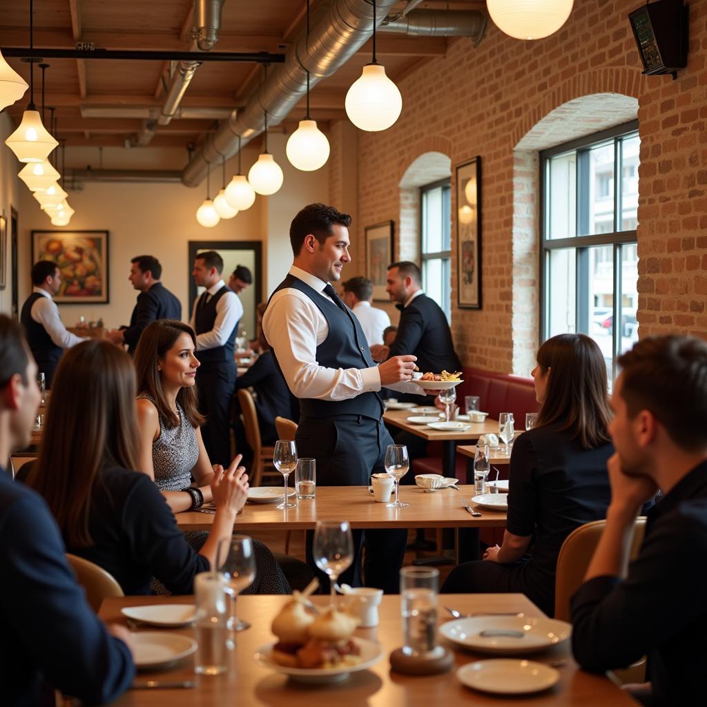 Restaurant staff members engaging with customers, providing friendly and attentive service