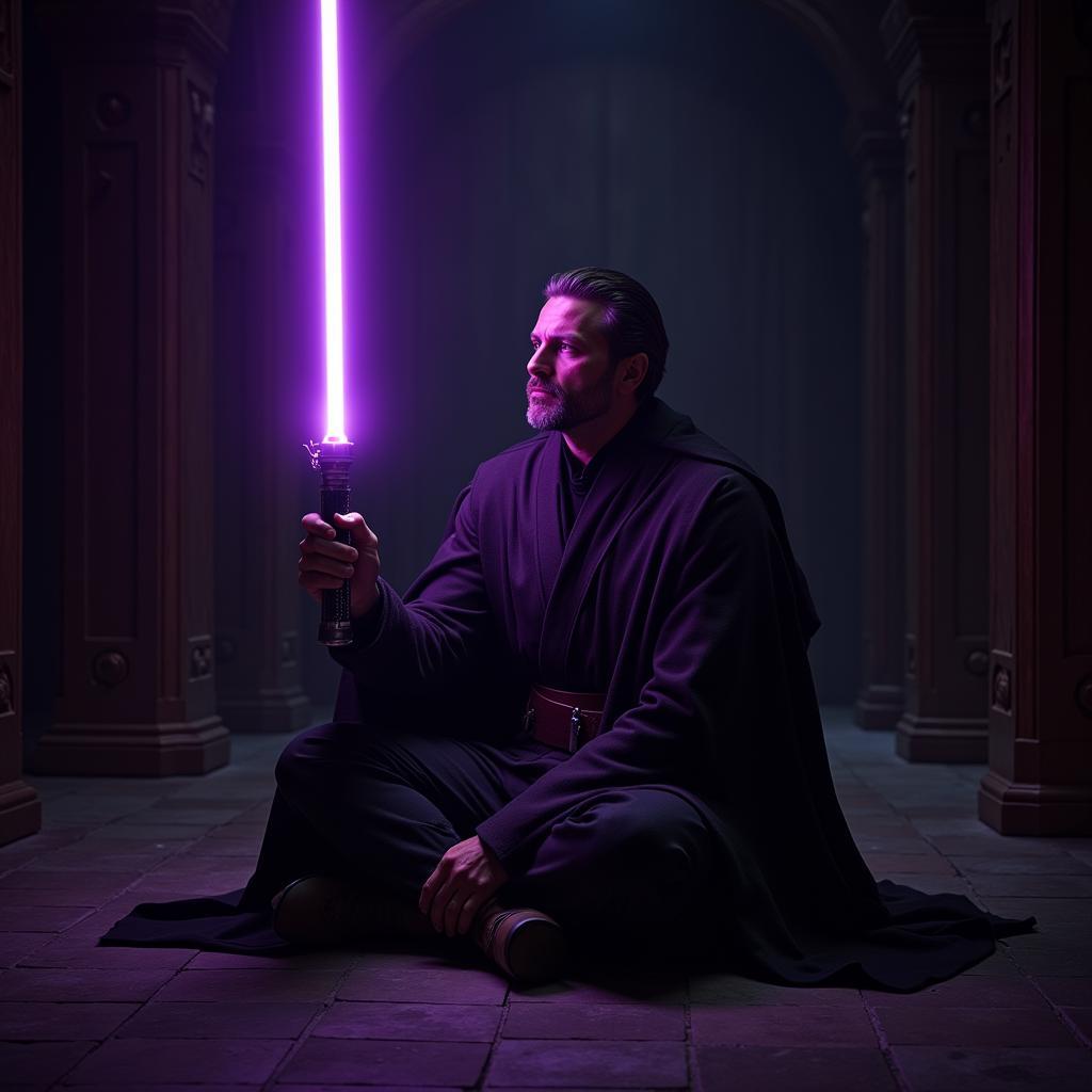 Revan meditating with his purple lightsaber ignited