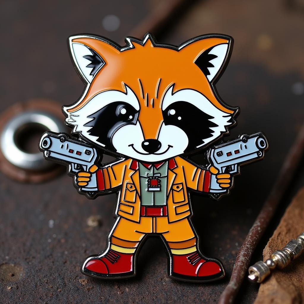 Close-Up of Rocket Raccoon Pin Holding Blasters, Showcasing Detailed Enamel Work and Metal Outline