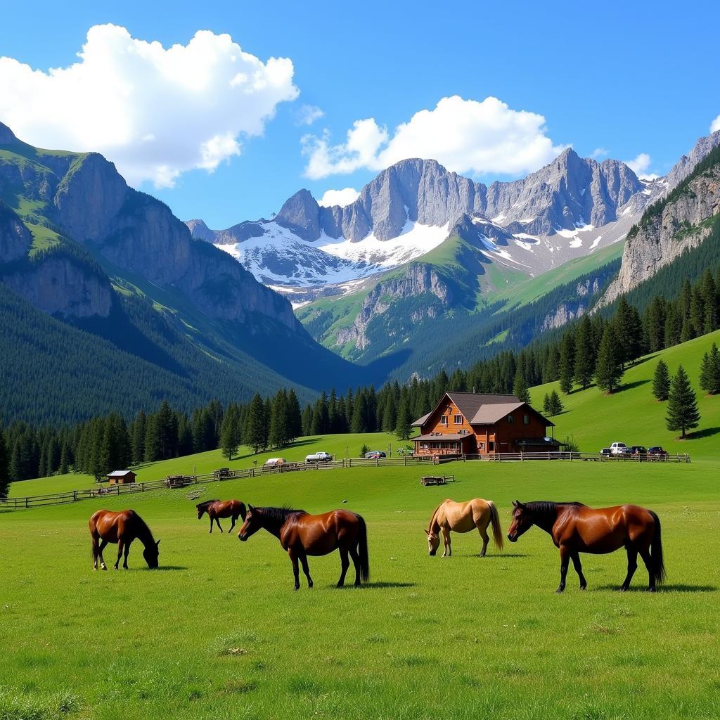 Rocky Mountain Horse Ranch Landscape with Horses Grazing