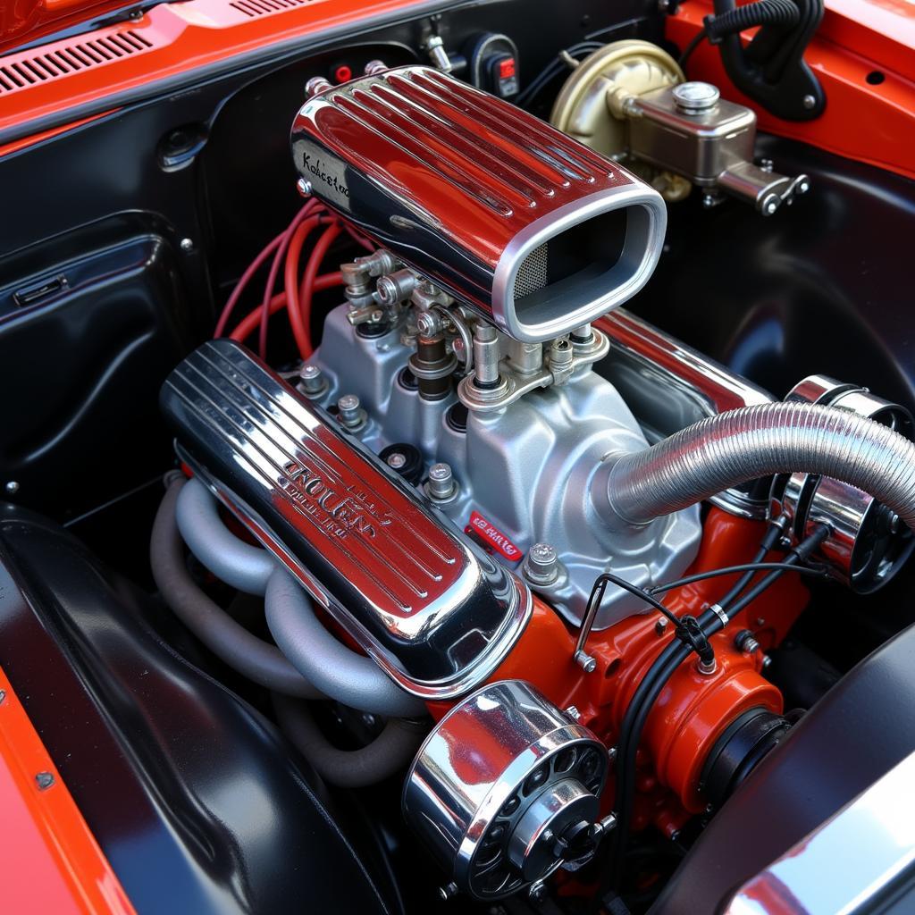 Roots Supercharger Installed on a Classic Muscle Car Engine