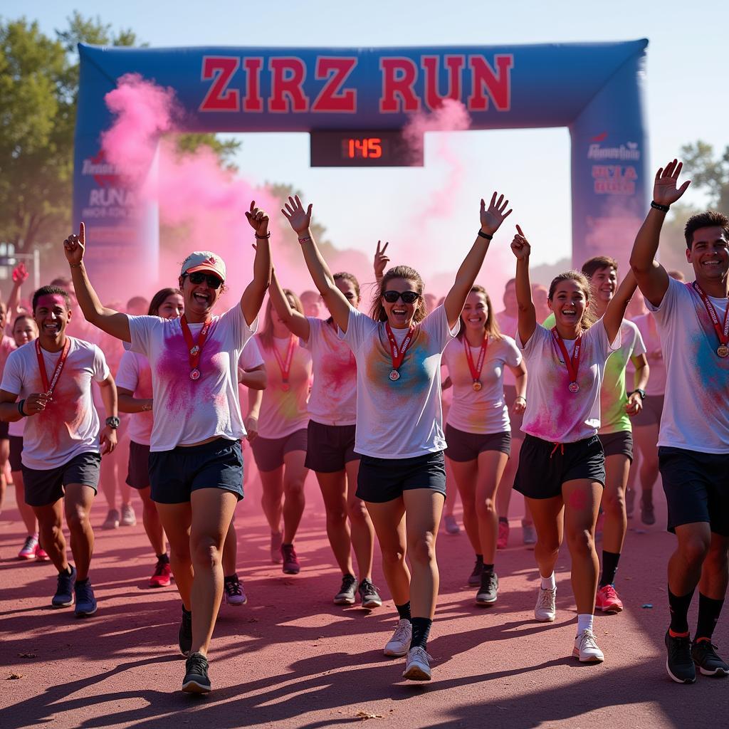 Runners Celebrating at the Finish Line of a Color Run