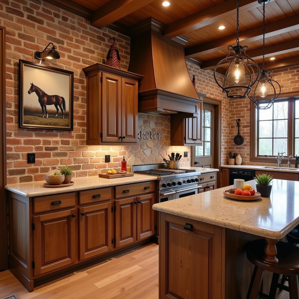 Rustic horse kitchen design with warm earthy tones and equestrian accents.