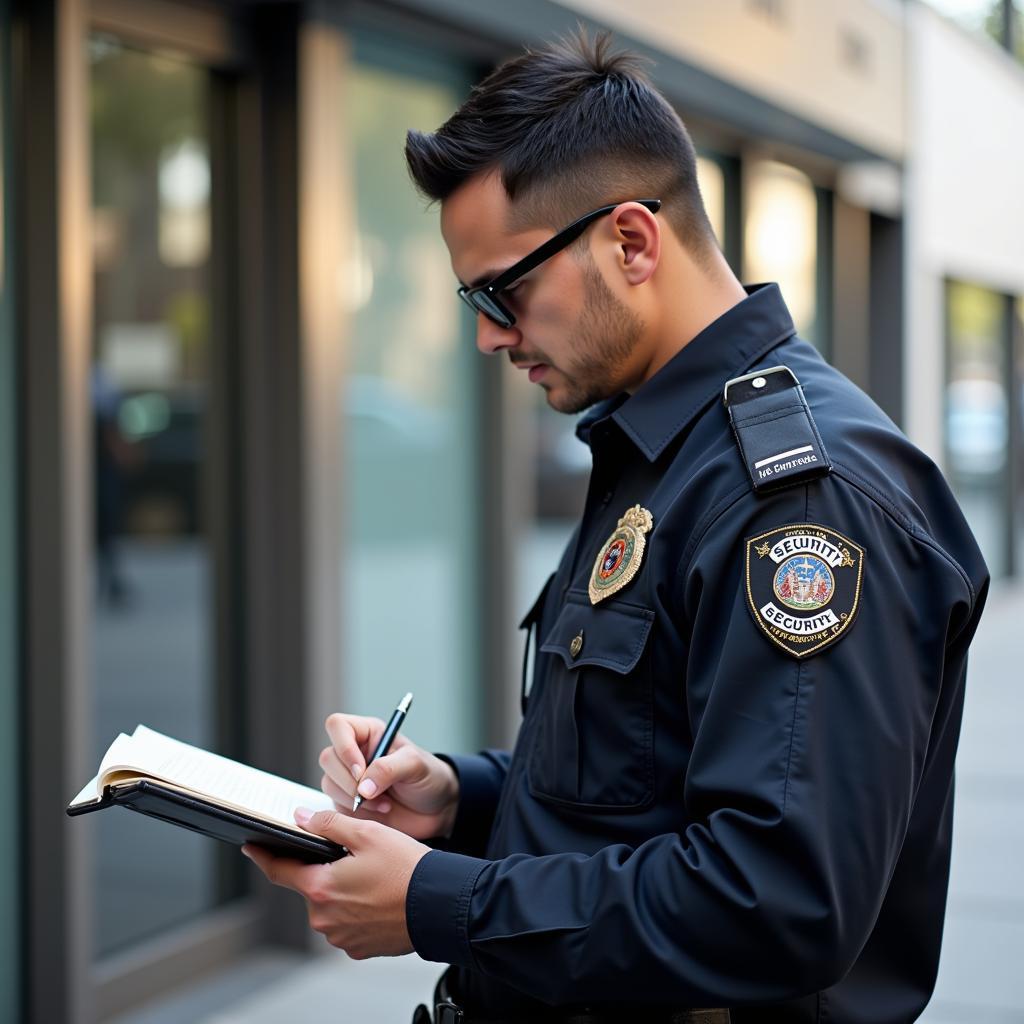 Security Officer Writing in a Notebook