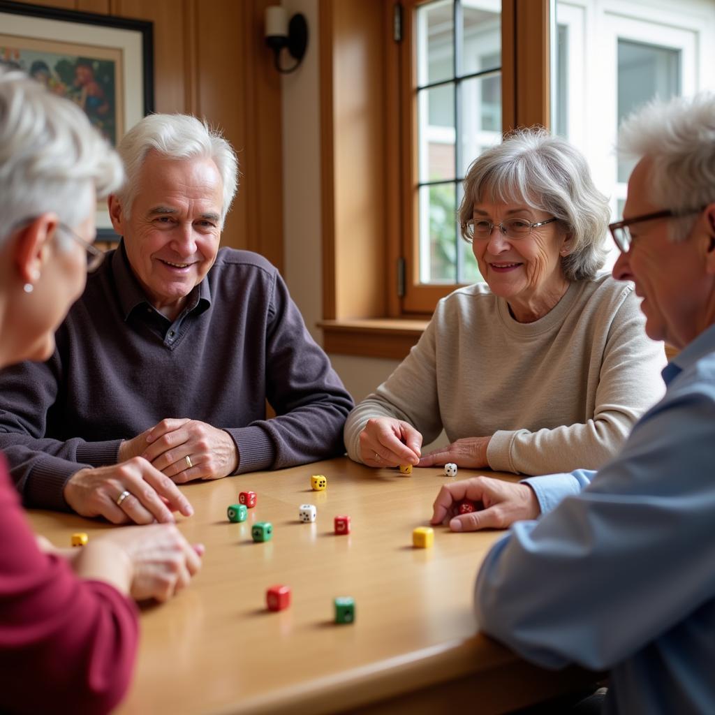 Seniors enjoying a game of dice together