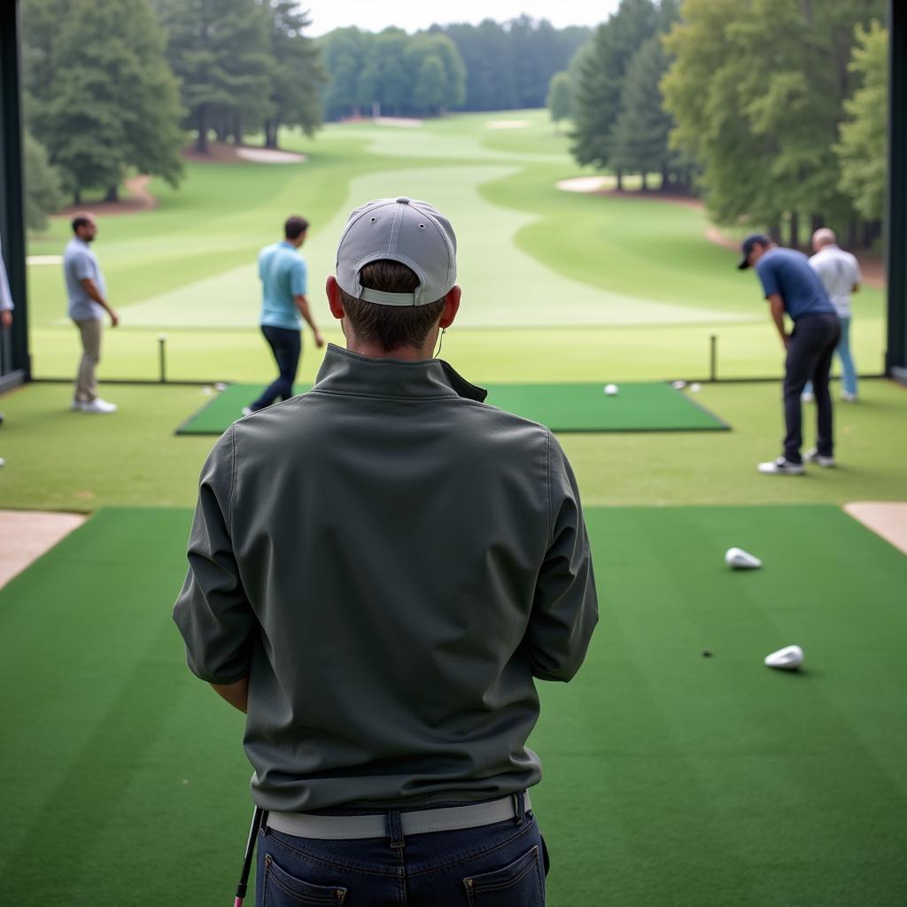 Golfer visualizing a course while at the driving range.