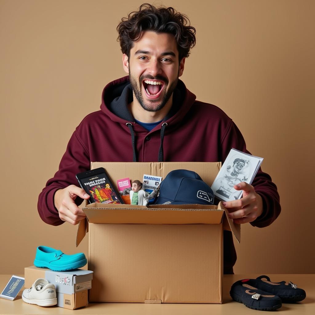 Skateboarder Unboxing Subscription Box with Excited Expression