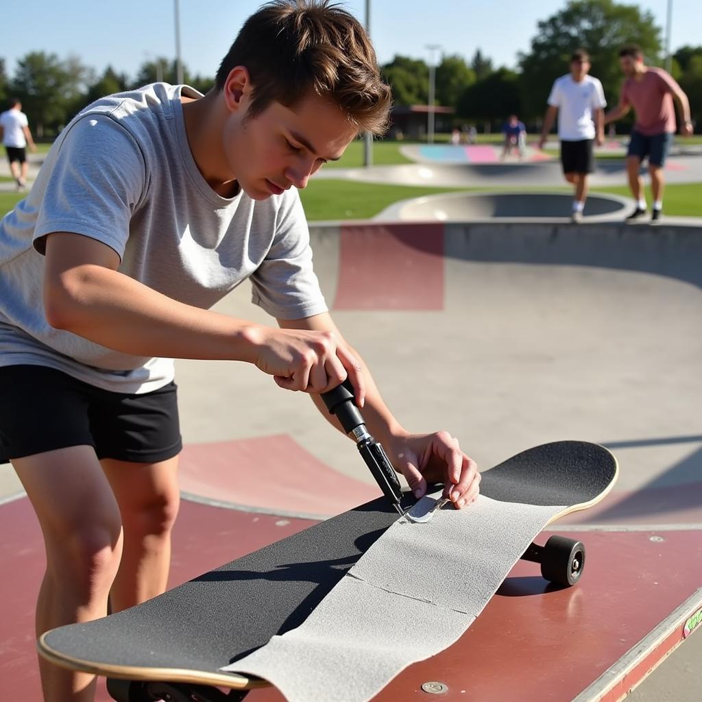 A skateboarder applying grip tape from their subscription box to their deck.