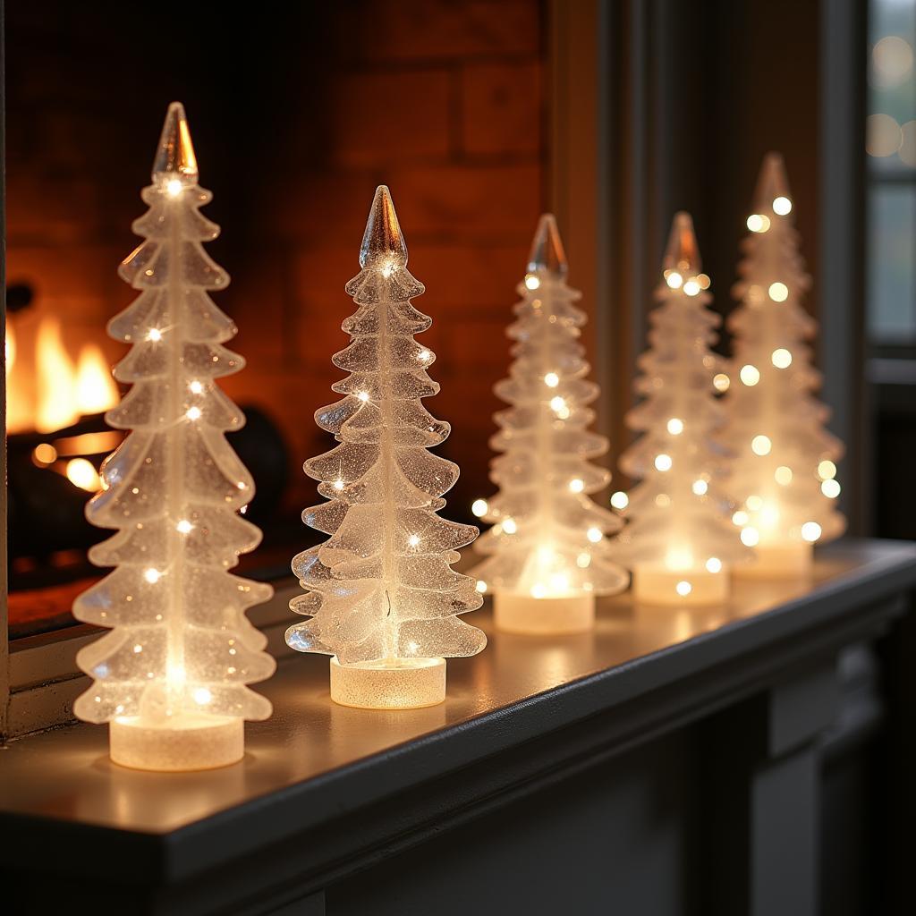 Small crystal trees glittering under soft lighting, creating a festive winter ambiance.