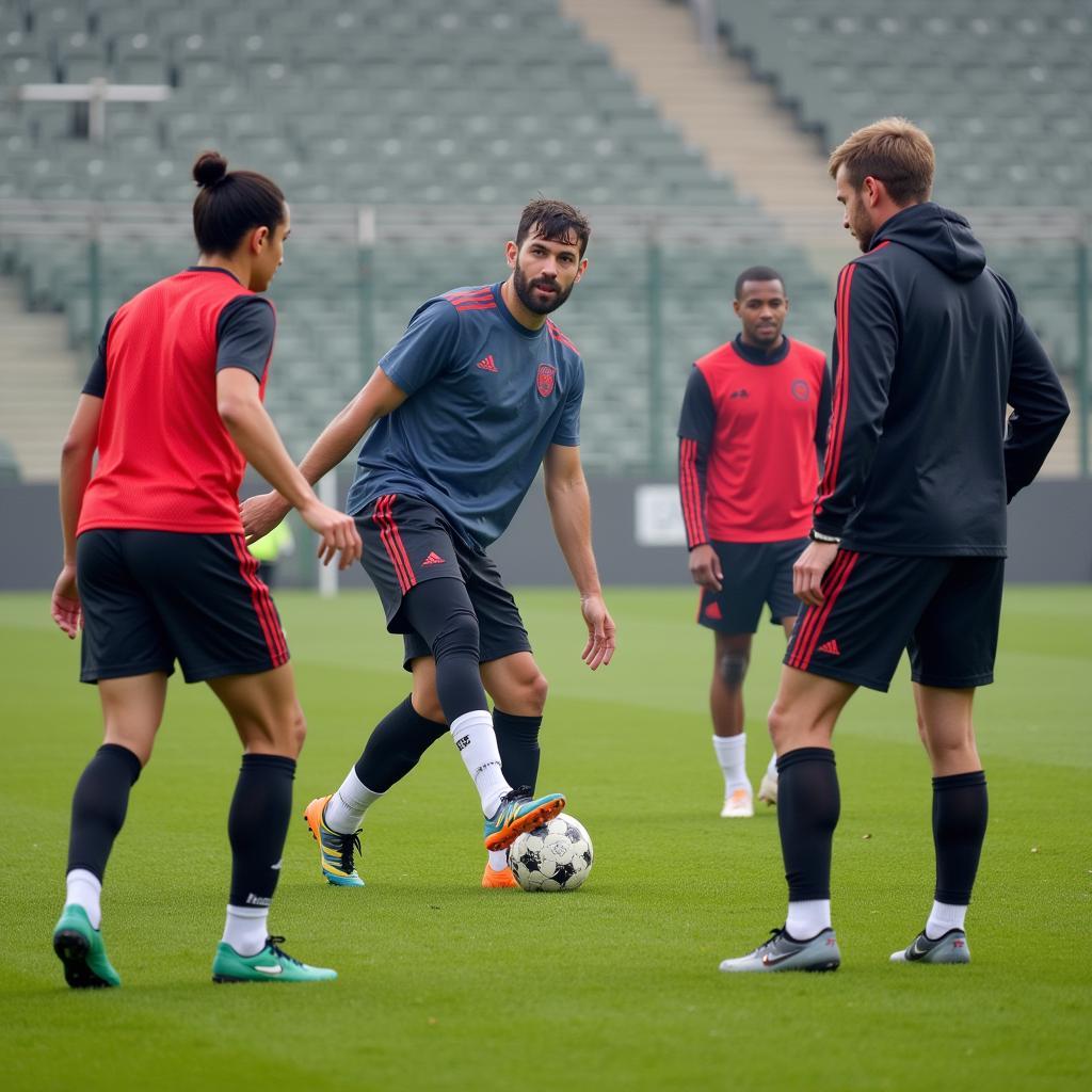 Soccer players practicing a drill to improve their decision-making skills