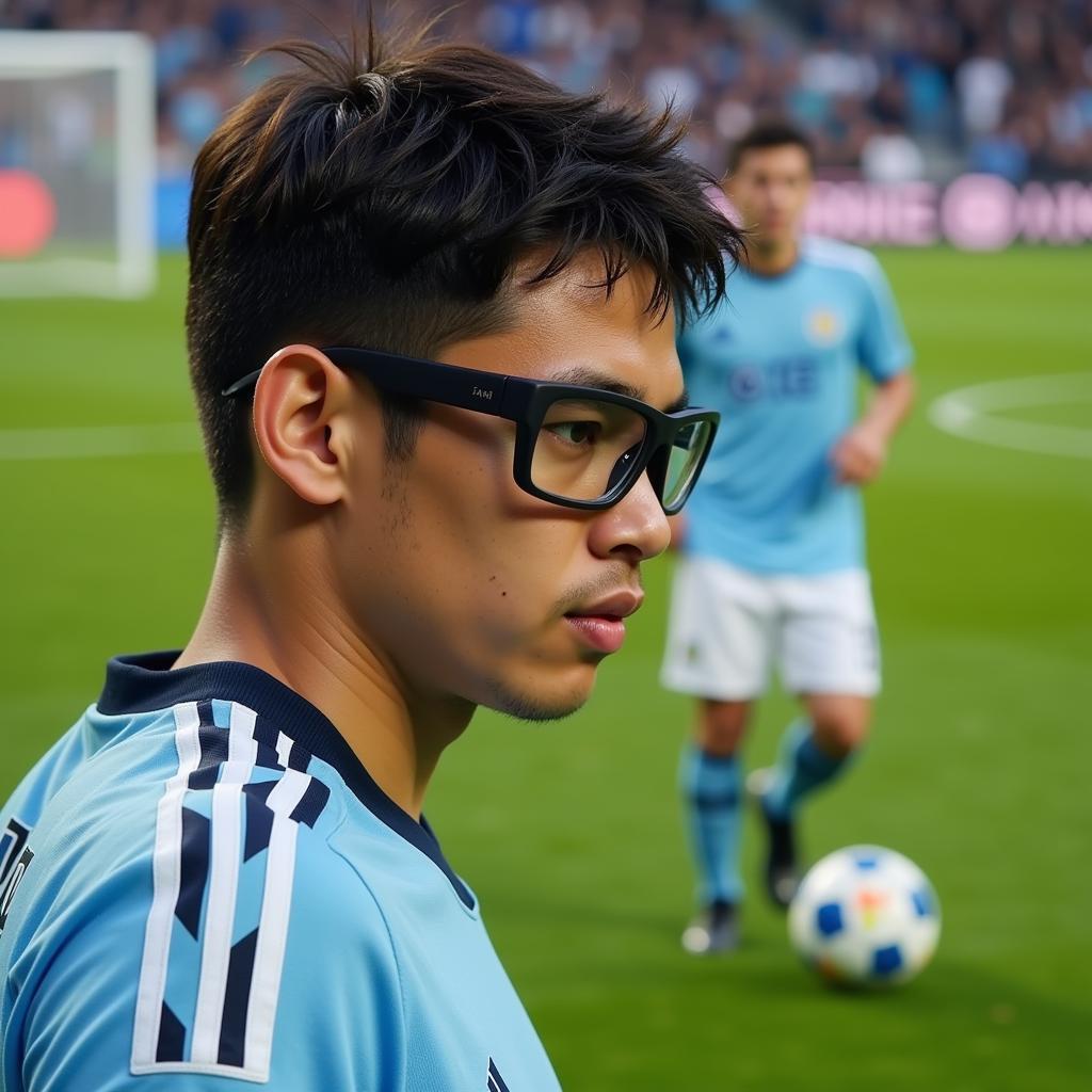 Yamal wearing sports glasses during a football match.