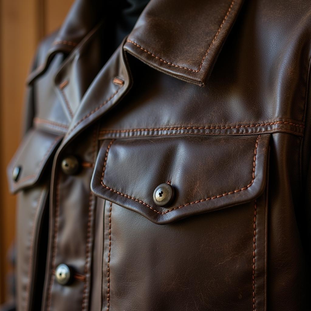 Close-up of Finn's jacket, showcasing its leather texture and detailed stitching