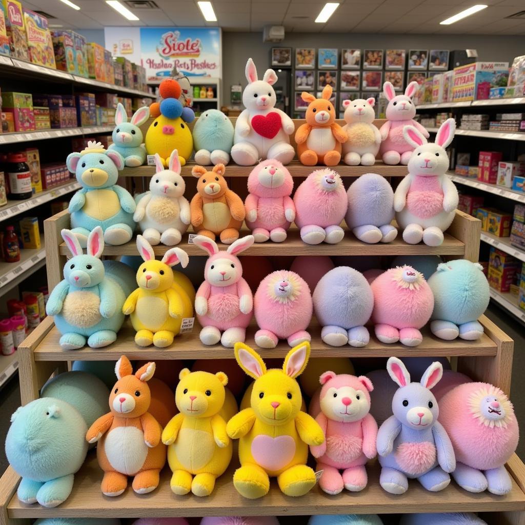 Stuffed animal eggs displayed in a store