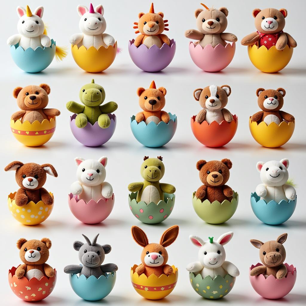 Different types of stuffed animals inside eggs