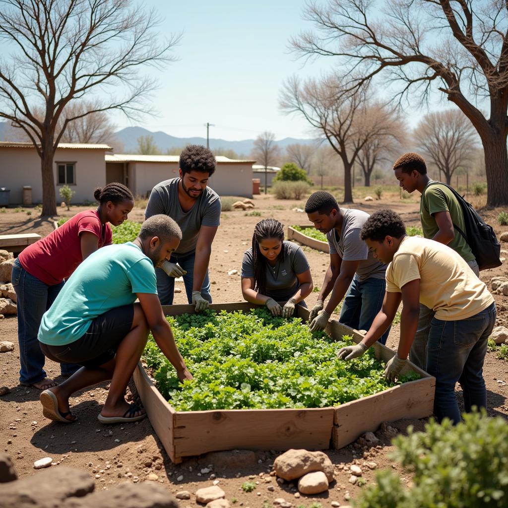 Survivors cultivating a community garden in a post-apocalyptic setting