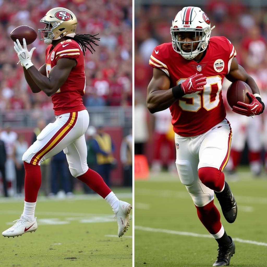 Terry McLaurin making a catch against Brian Robinson running with the ball