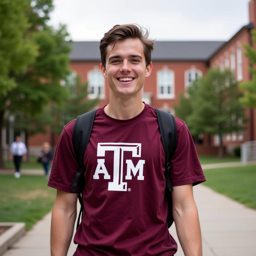 A student proudly wearing a Texas A&M t-shirt on campus.