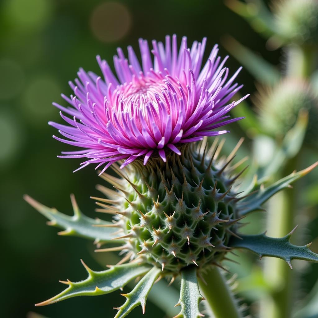 Thistle with Purple Flower and Prickly Leaves