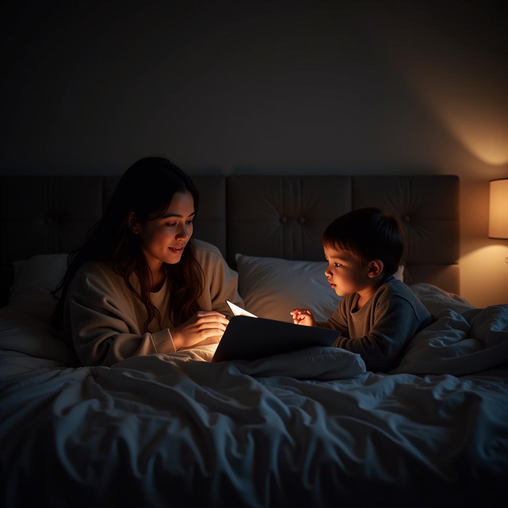 A parent reading a bedtime story to their toddler