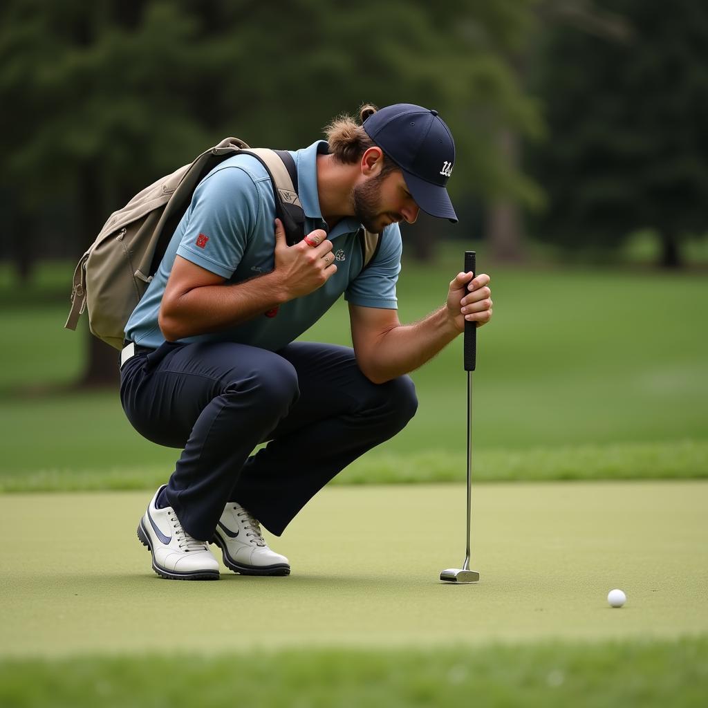 Professional golfer reading the green before a crucial tour putt