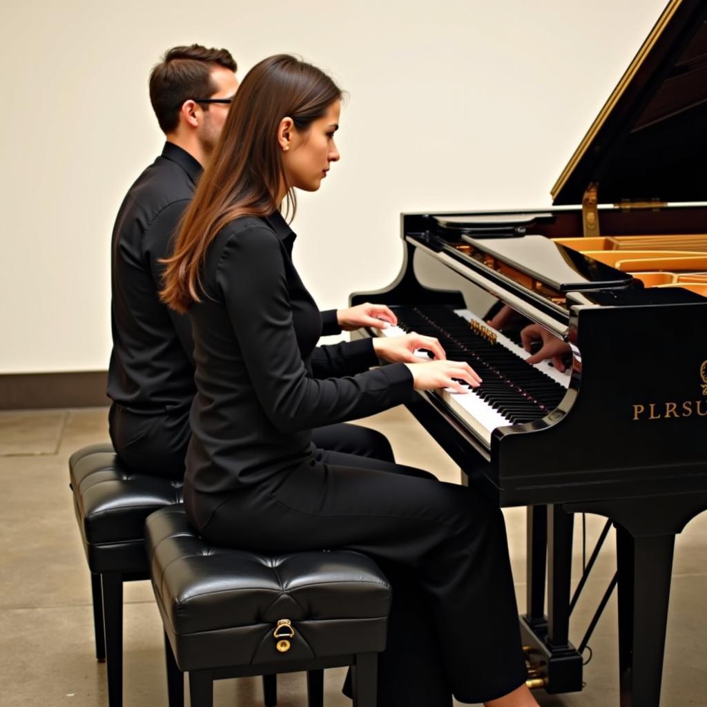 Two pianists playing a duet on a two-person piano bench