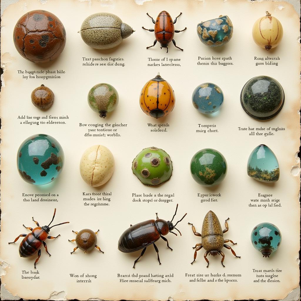 Different types of insect-created marbles, showcasing diversity in size, shape, and composition.