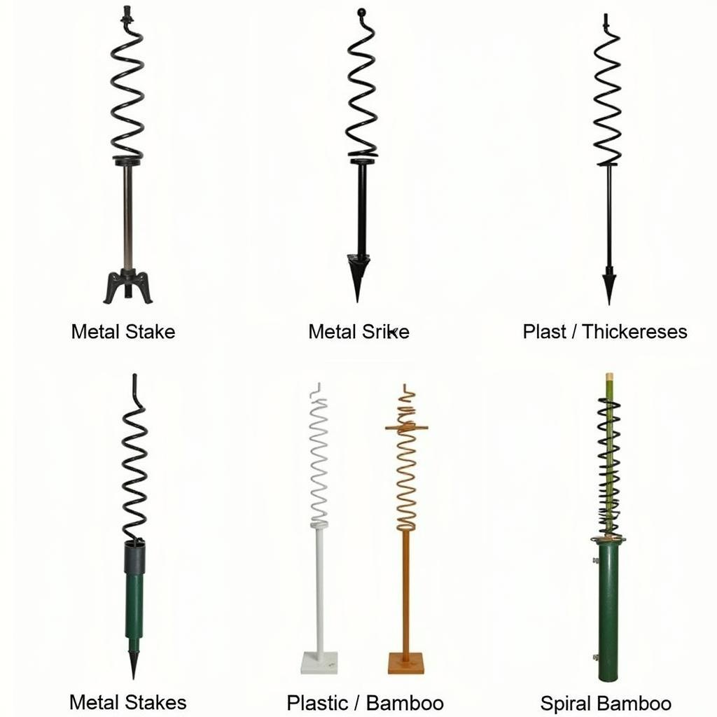 Various types of spiral garden stakes available in different materials and sizes