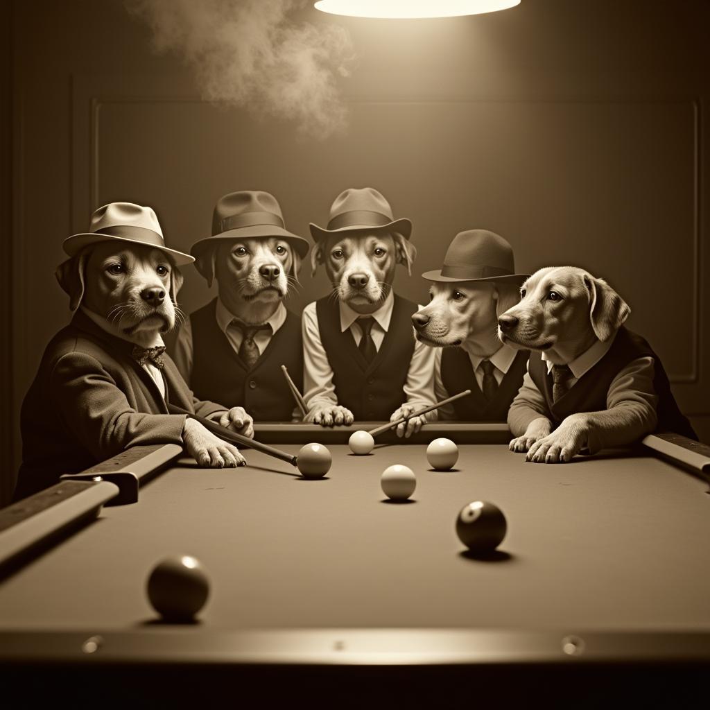 Dogs with hats and cigars playing pool in a dimly lit, smoke-filled room