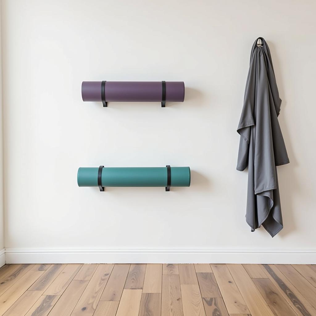 Wall-mounted yoga mat rack in a small apartment.