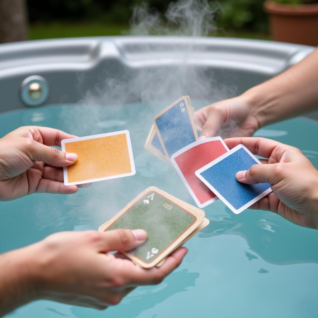 Waterproof playing cards floating in a hot tub