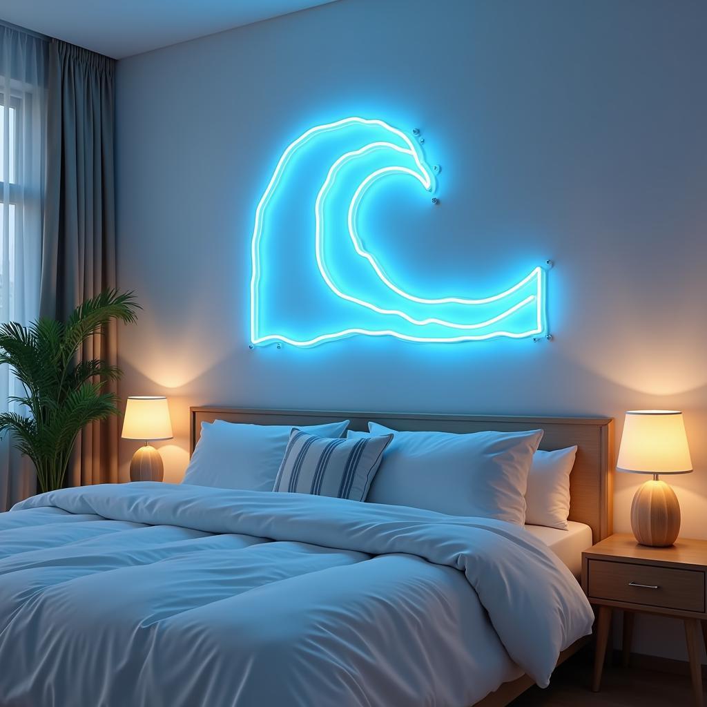 Calming Blue Wave Neon Sign in a Bedroom