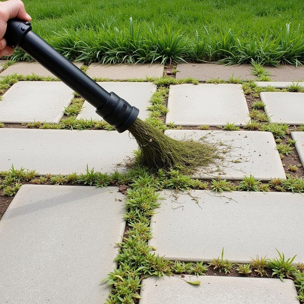 Weed vacuum effectively removing weeds from a paved area