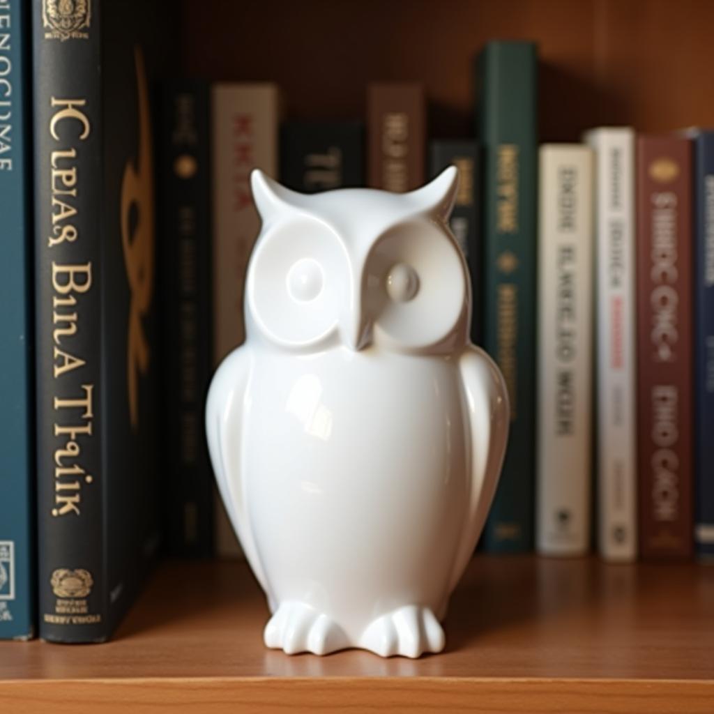 Elegant white owl statue perched on a bookshelf filled with books