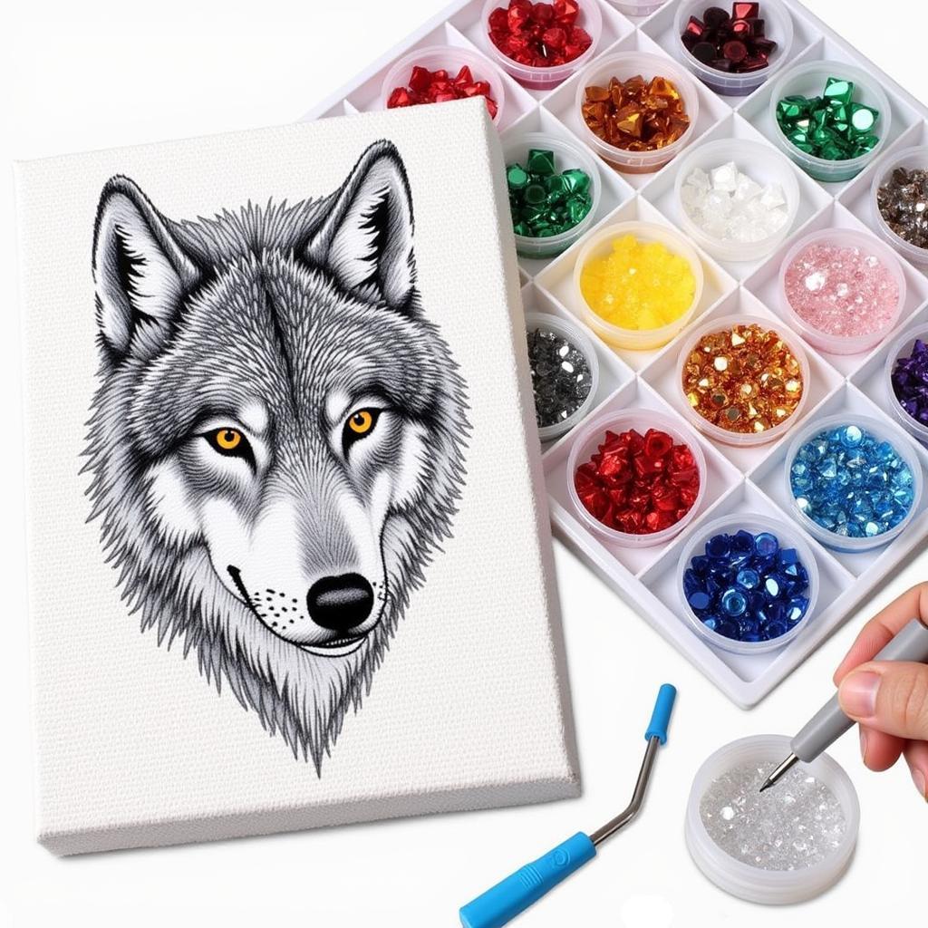 Close-up view of a wolf diamond art kit