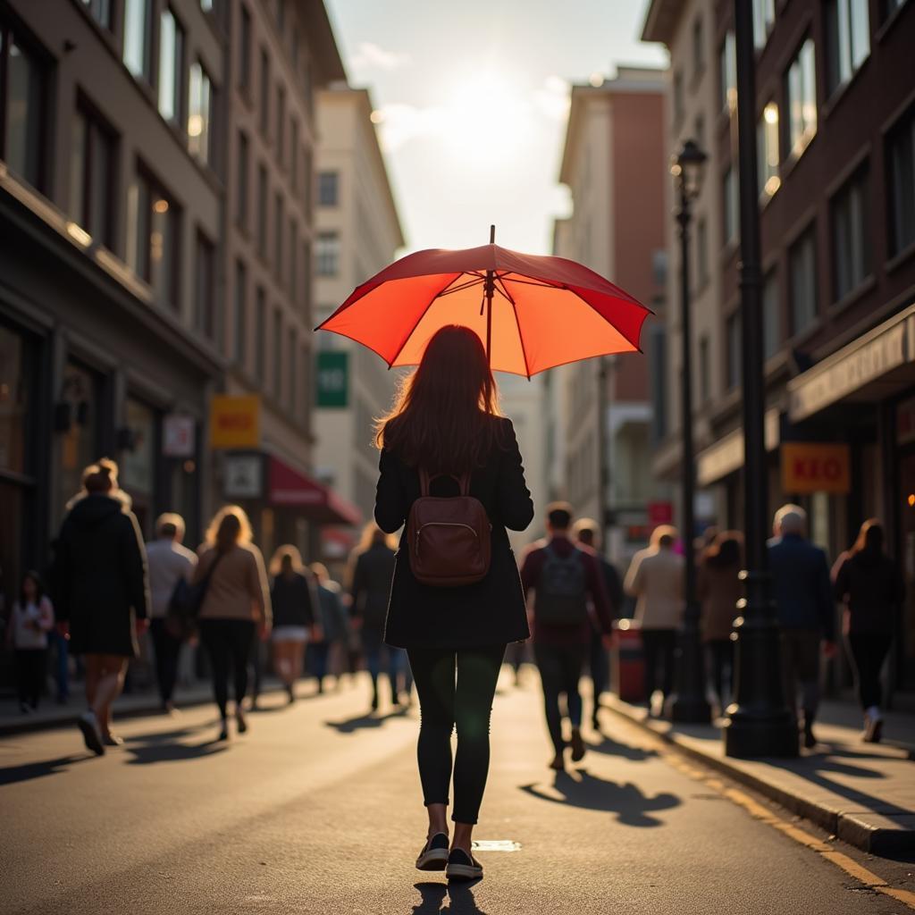 Woman walking in the city using an umbrella for sun protection.