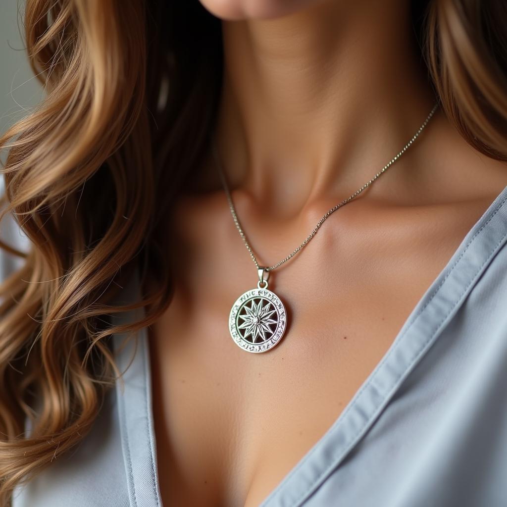 A woman wearing a Buddha wheel necklace, highlighting its elegance and spiritual significance