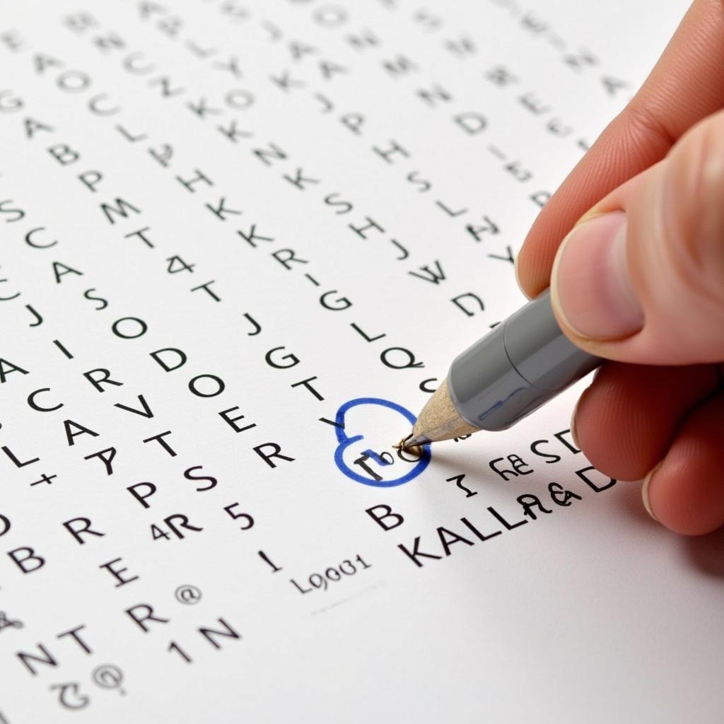 A person working on a word search puzzle, highlighting strategies like scanning systematically and looking for prefixes and suffixes.