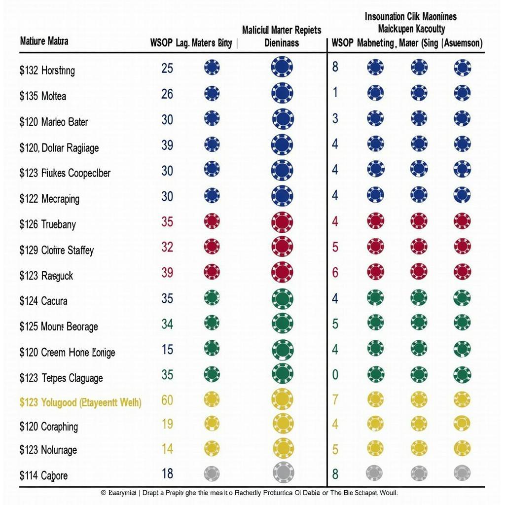 Chart showing the various denominations and corresponding colors of WSOP poker chips