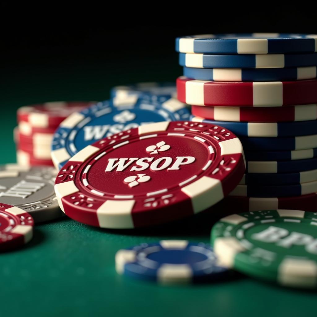 Close-up view of various denominations of WSOP poker chips