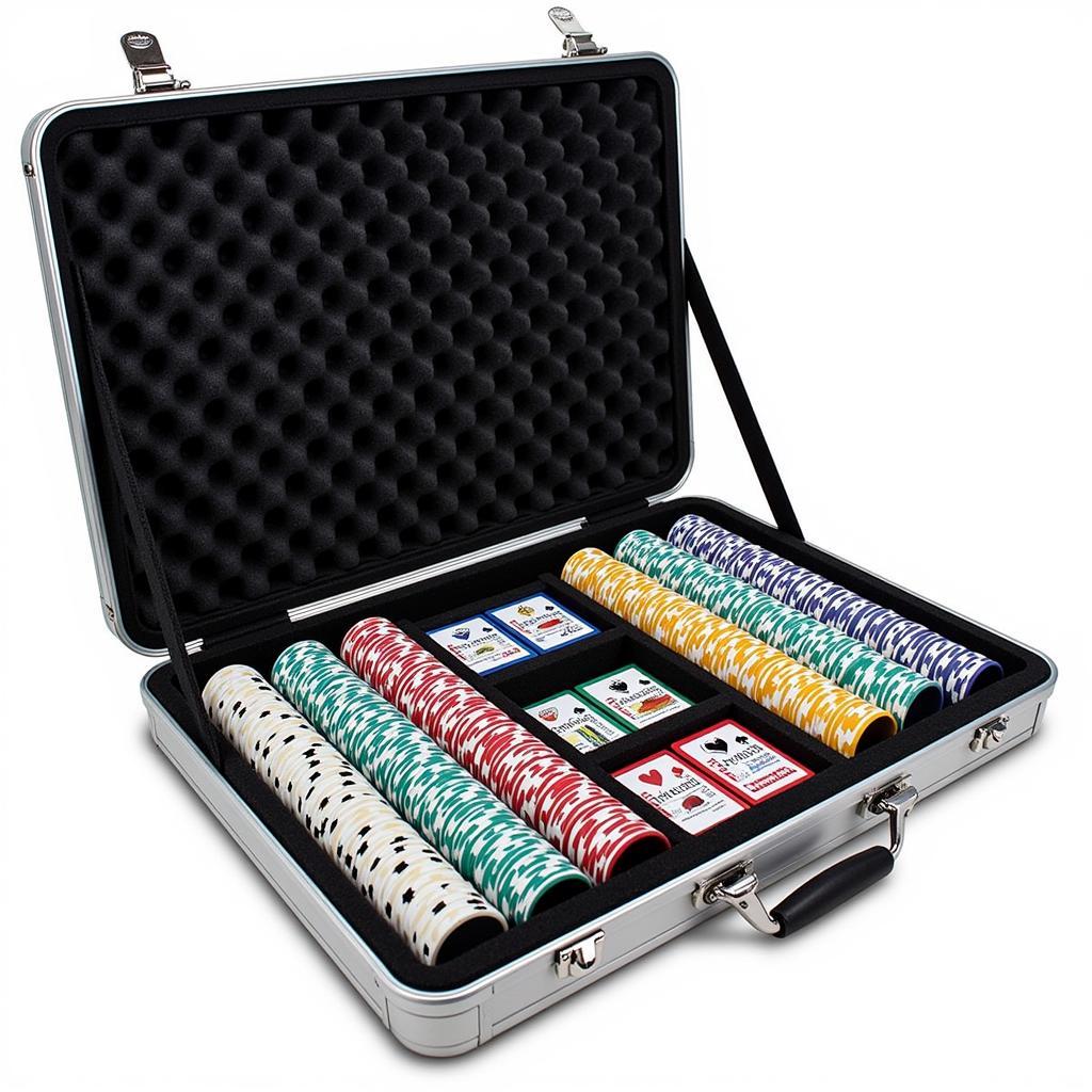 WSOP poker chips neatly organized in a custom carrying case.