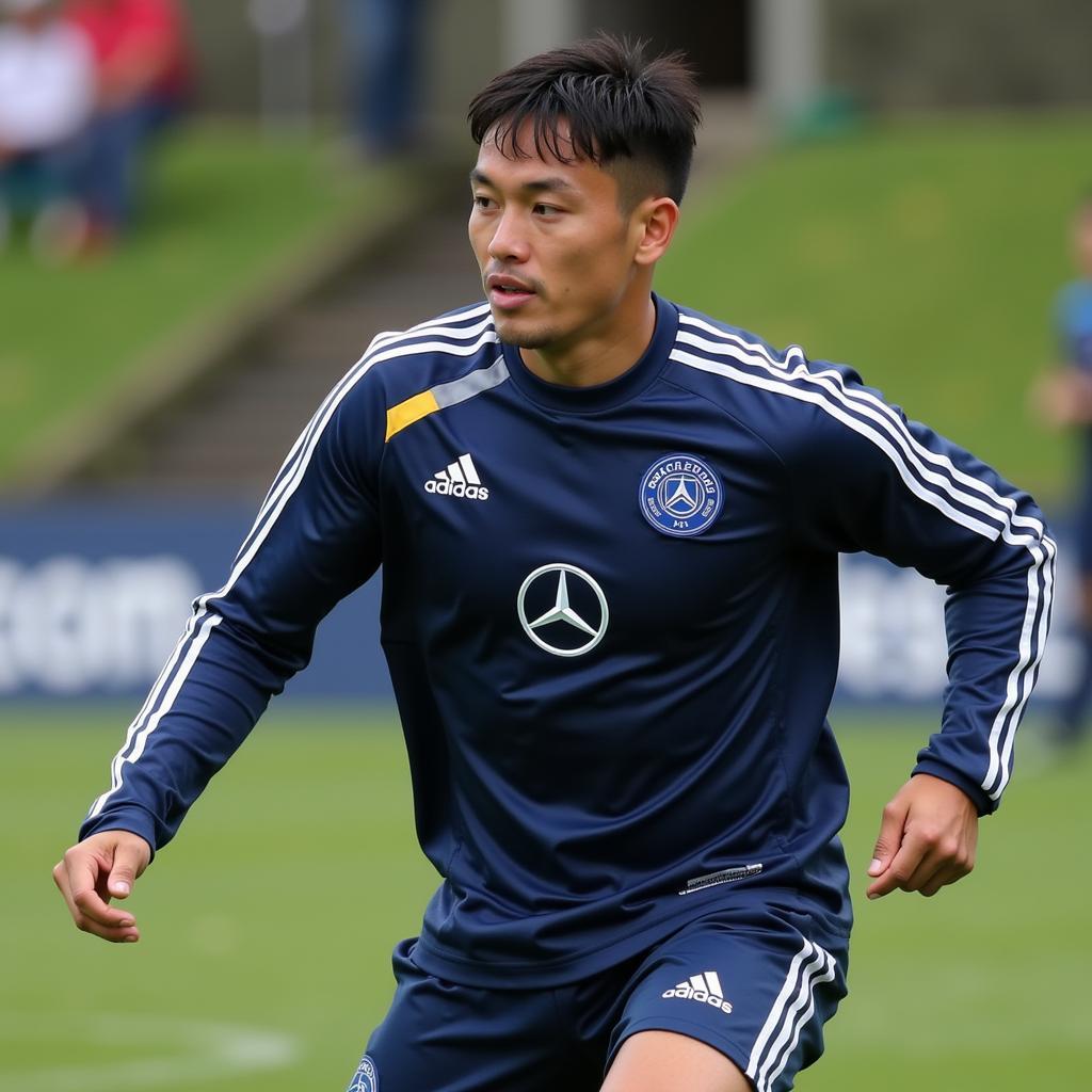 Lamine Yamal in action on the field, with the Mercedes-Benz patch visible on his training kit.