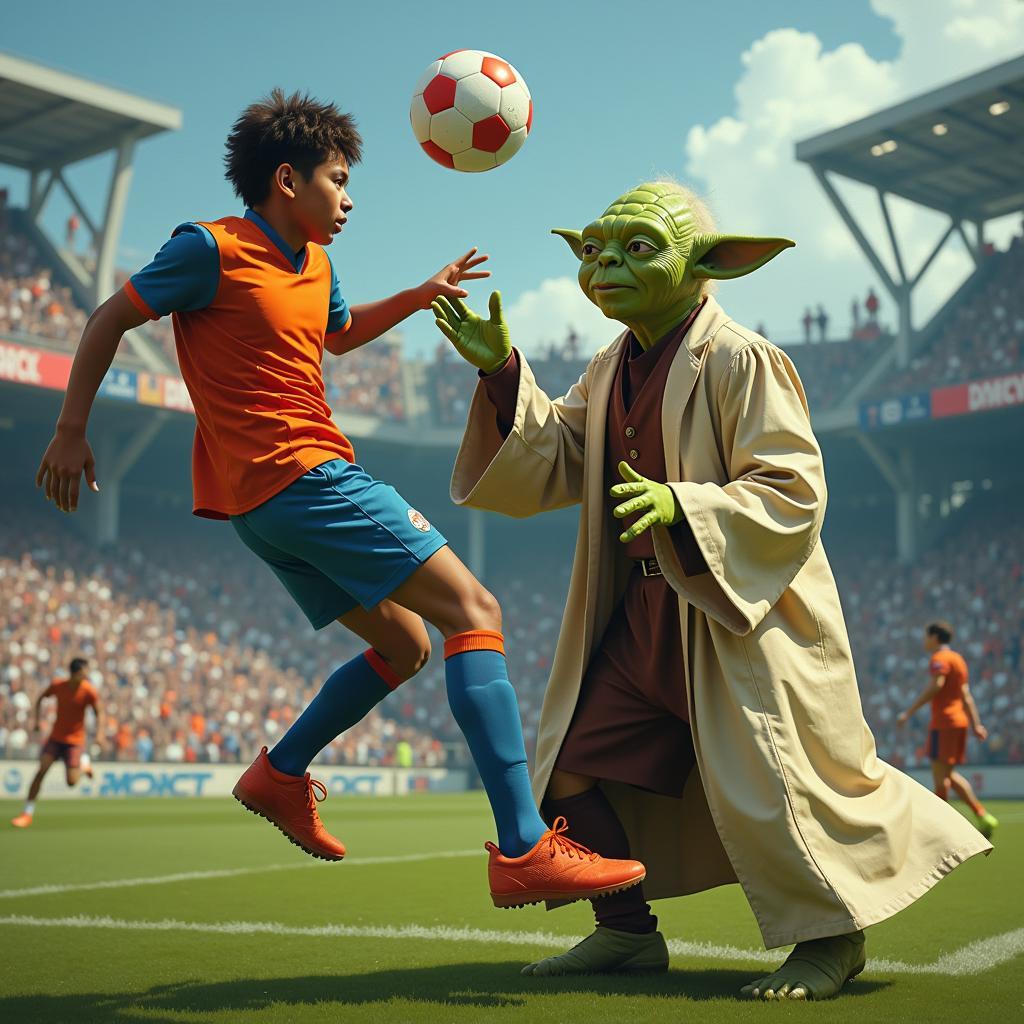 Yamal as Yoda lifting a teammate with the Force for a header